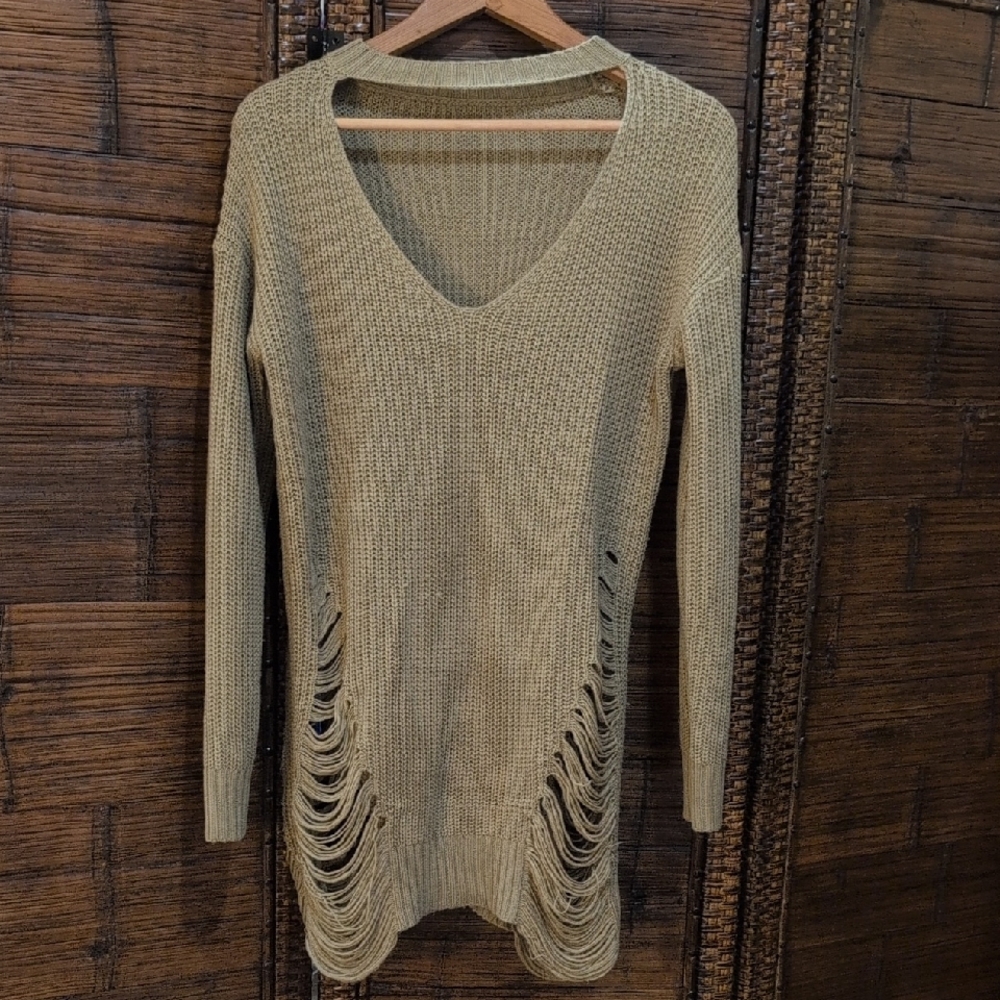 Chic Khaki V-Neck Women's Sweater